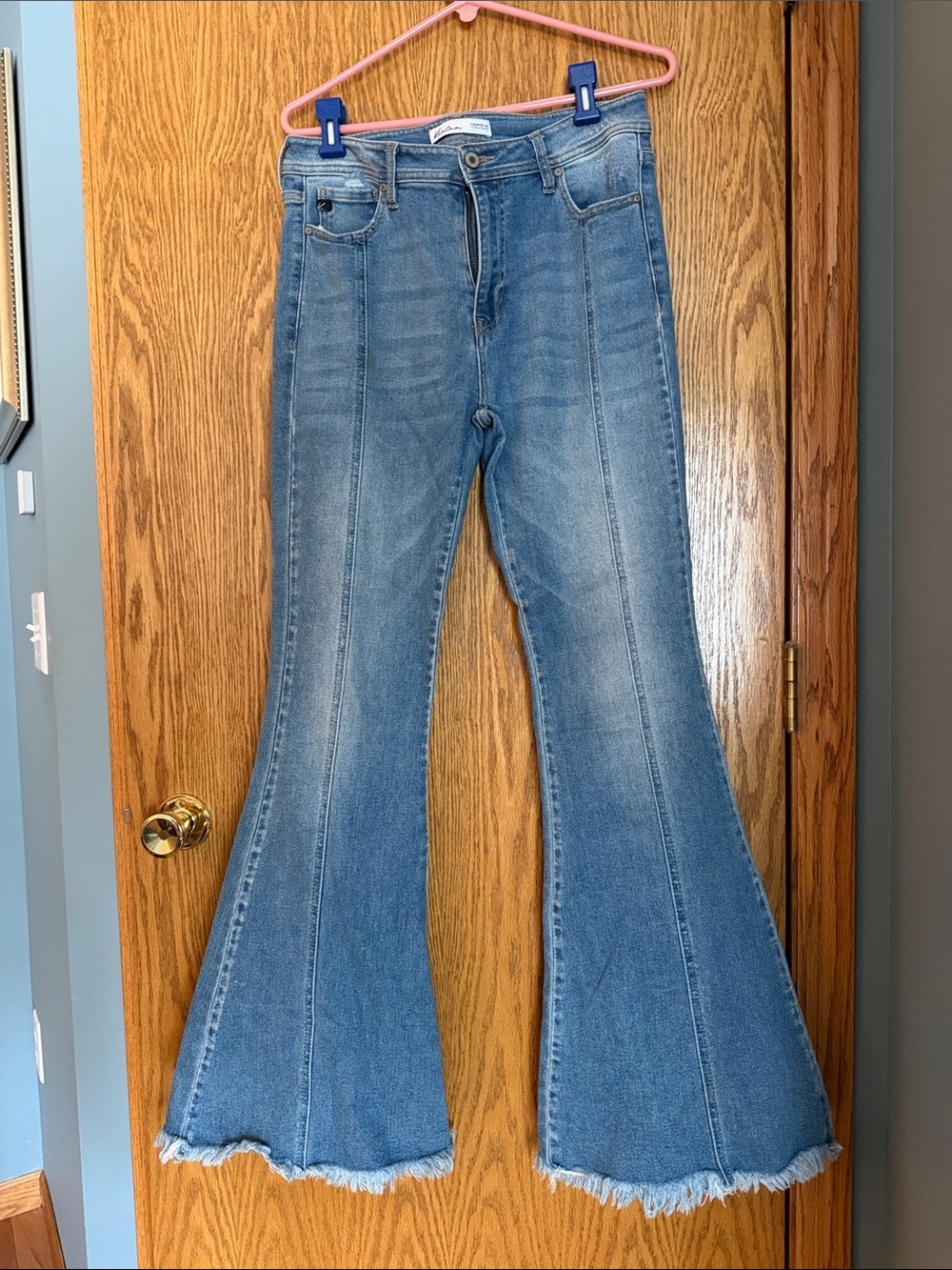 KanCan Medium Wash High-Rise Flare Jeans with Frayed Hem